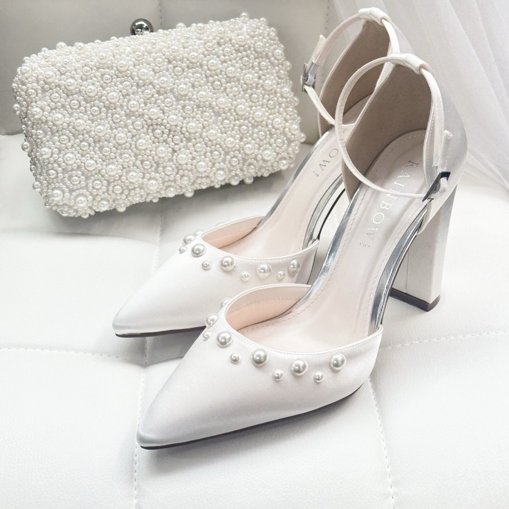 wedding clutch with pearls and wedding shoes with pearls