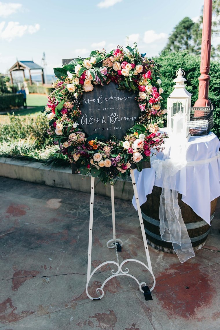 Floral wreath wedding signage _ Willow Bud _ Garden Wedding Sunshine Coast