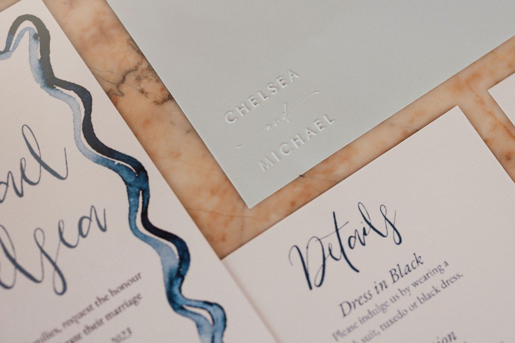 blue and white wedding stationery