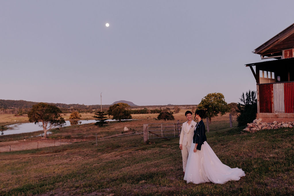 twilight bride and groom photo shoot on luxury country estate wedding venue Yandina Station